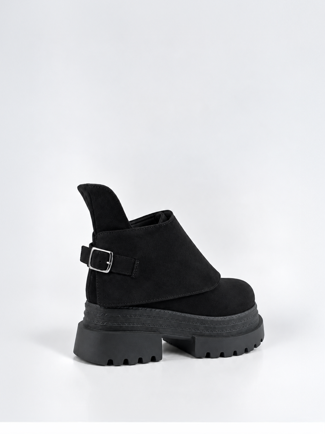 Buckle Flap Lace-Up Platform Ankle Boot Faux Suede – Black