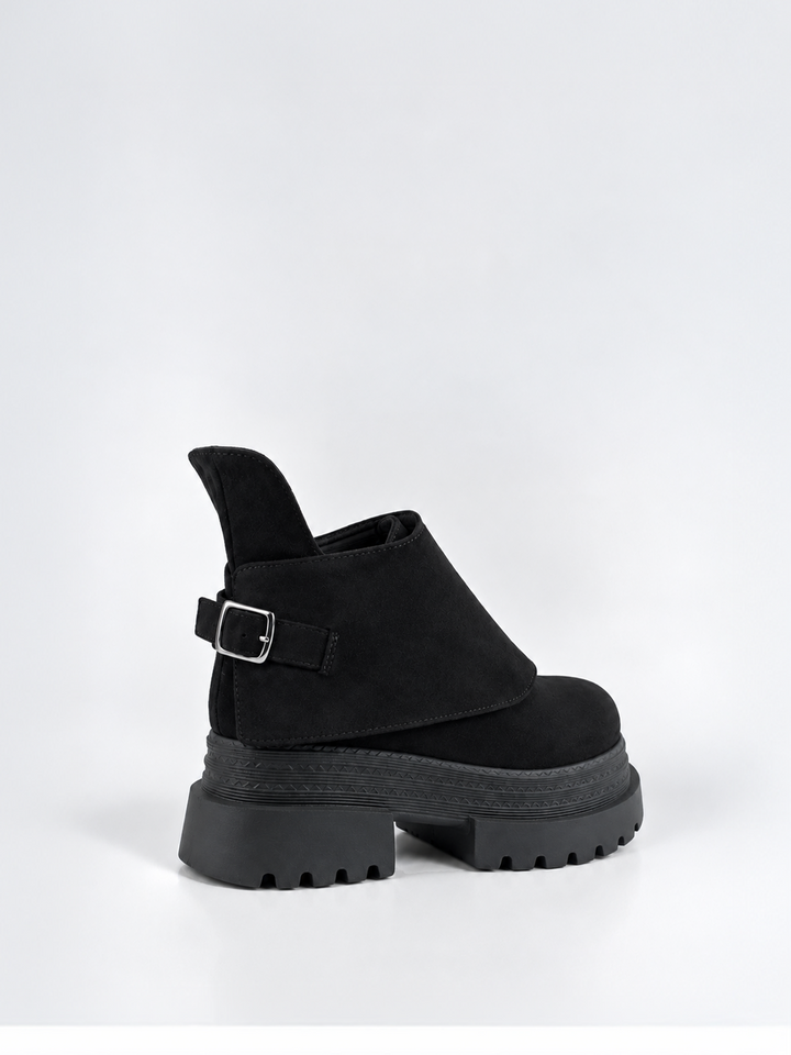 Buckle Flap Lace-Up Platform Ankle Boot Faux Suede – Black