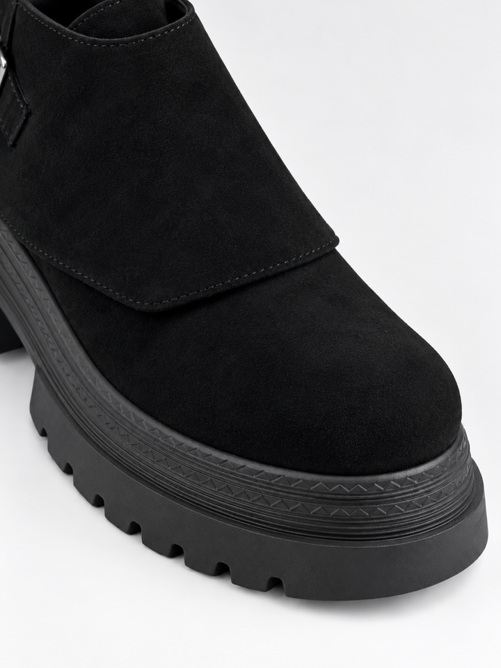 Buckle Flap Lace-Up Platform Ankle Boot Faux Suede – Black