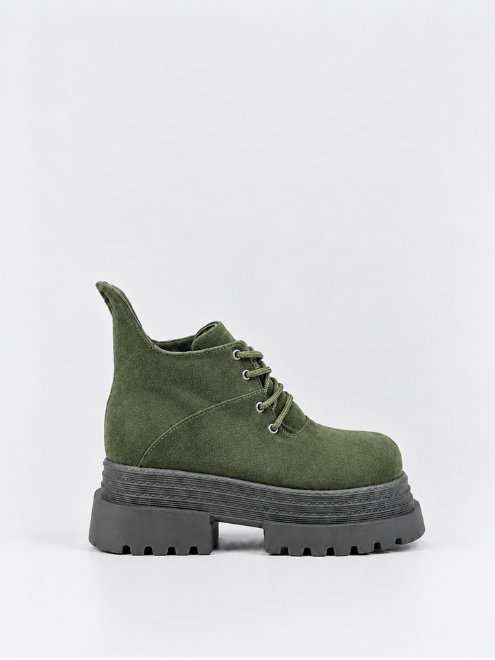 Buckle Flap Lace-Up Platform Ankle Boot Faux Suede – Olive