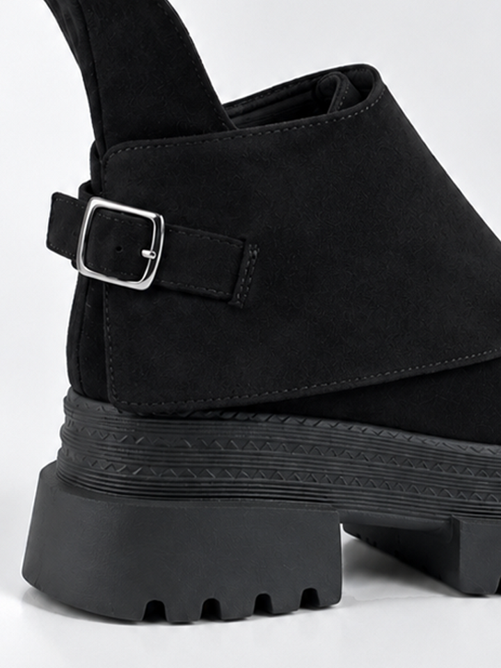 Buckle Flap Lace-Up Platform Ankle Boot Faux Suede – Black