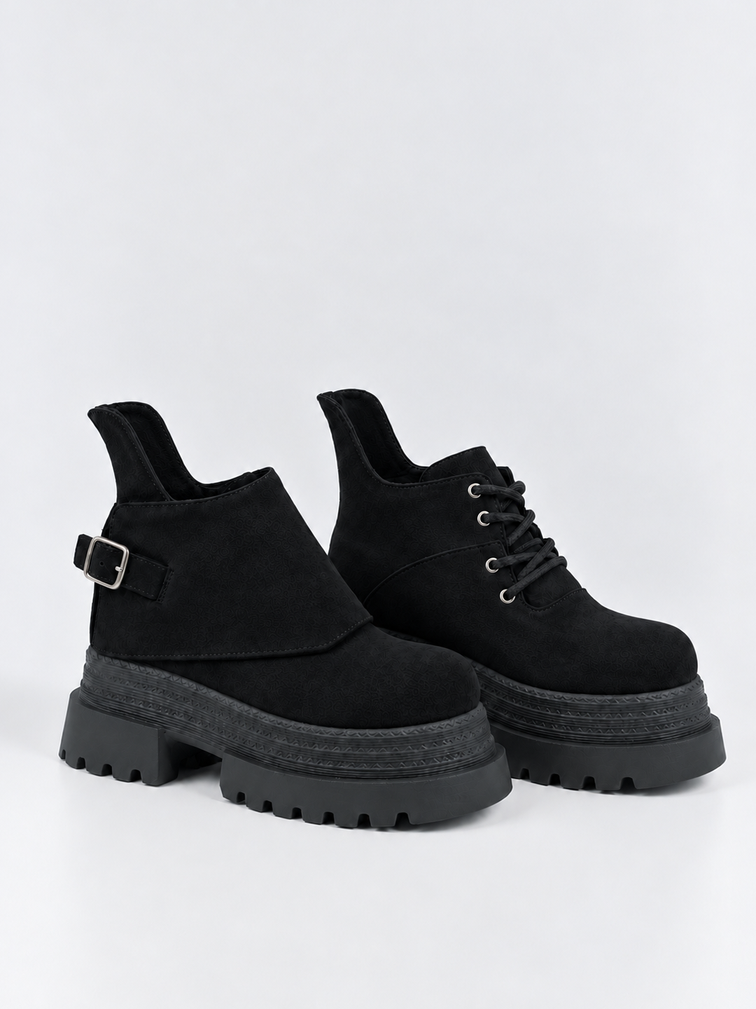 Buckle Flap Lace-Up Platform Ankle Boot Faux Suede – Black