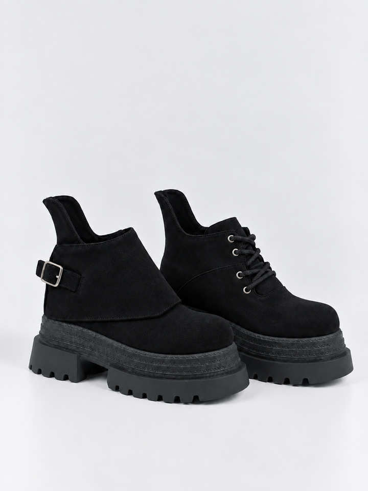 Buckle Flap Lace-Up Platform Ankle Boot Faux Suede – Black