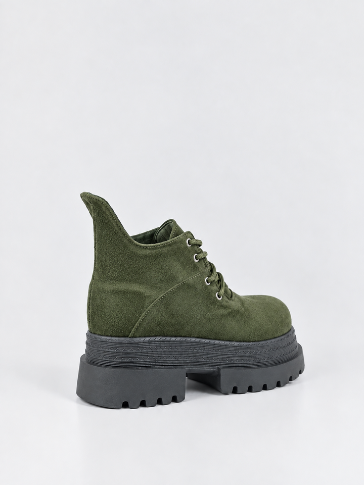 Buckle Flap Lace-Up Platform Ankle Boot Faux Suede – Olive