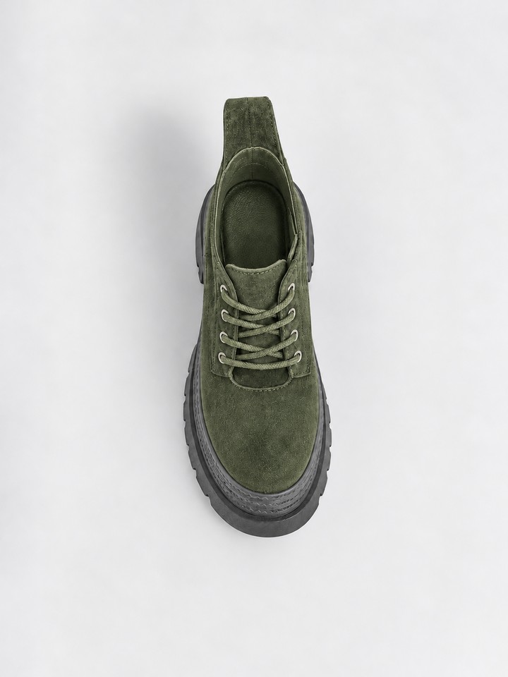 Buckle Flap Lace-Up Platform Ankle Boot Faux Suede – Olive