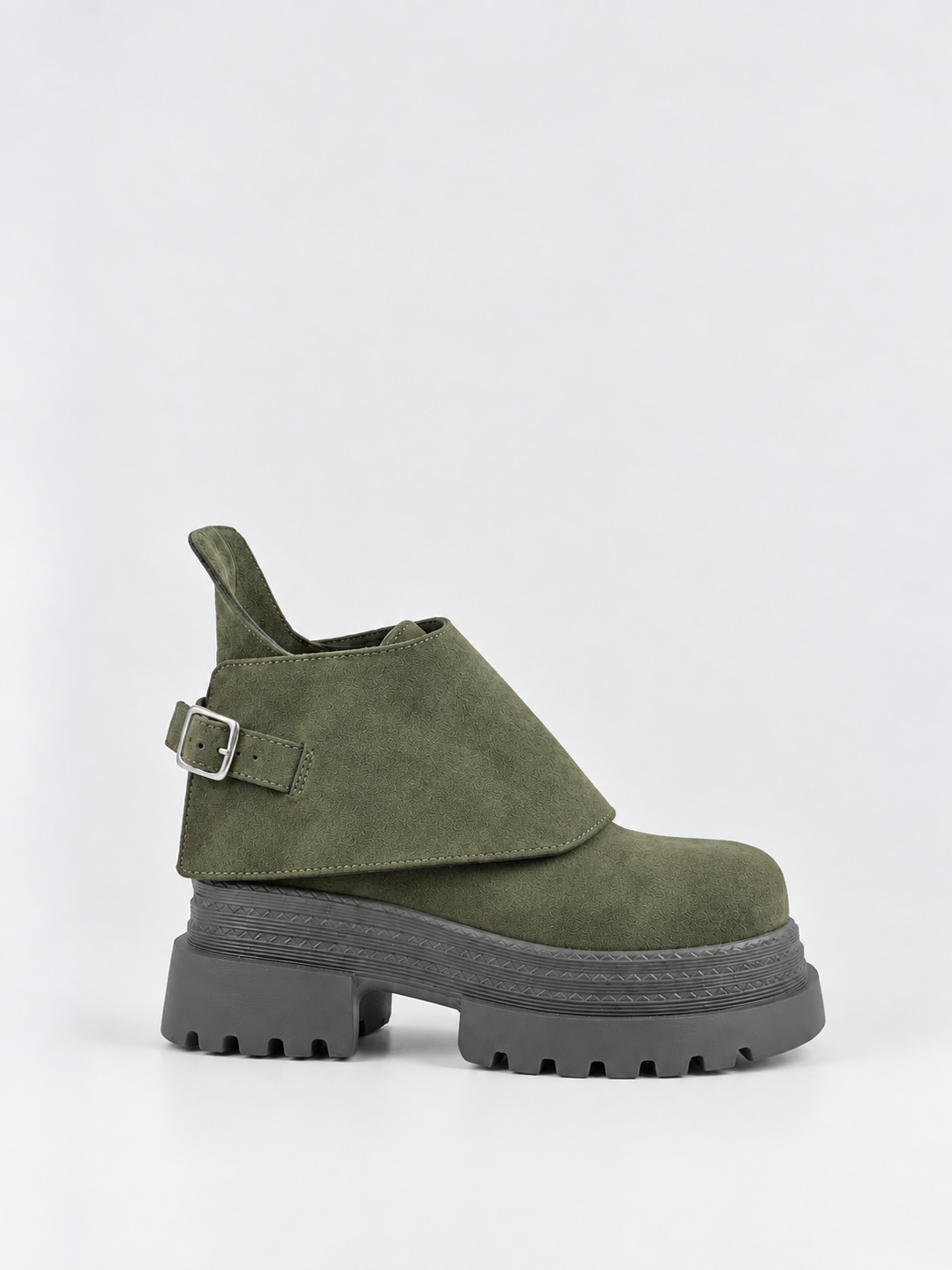 Buckle Flap Lace-Up Platform Ankle Boot Faux Suede – Olive