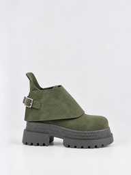 Buckle Flap Lace-Up Platform Ankle Boot Faux Suede – Olive