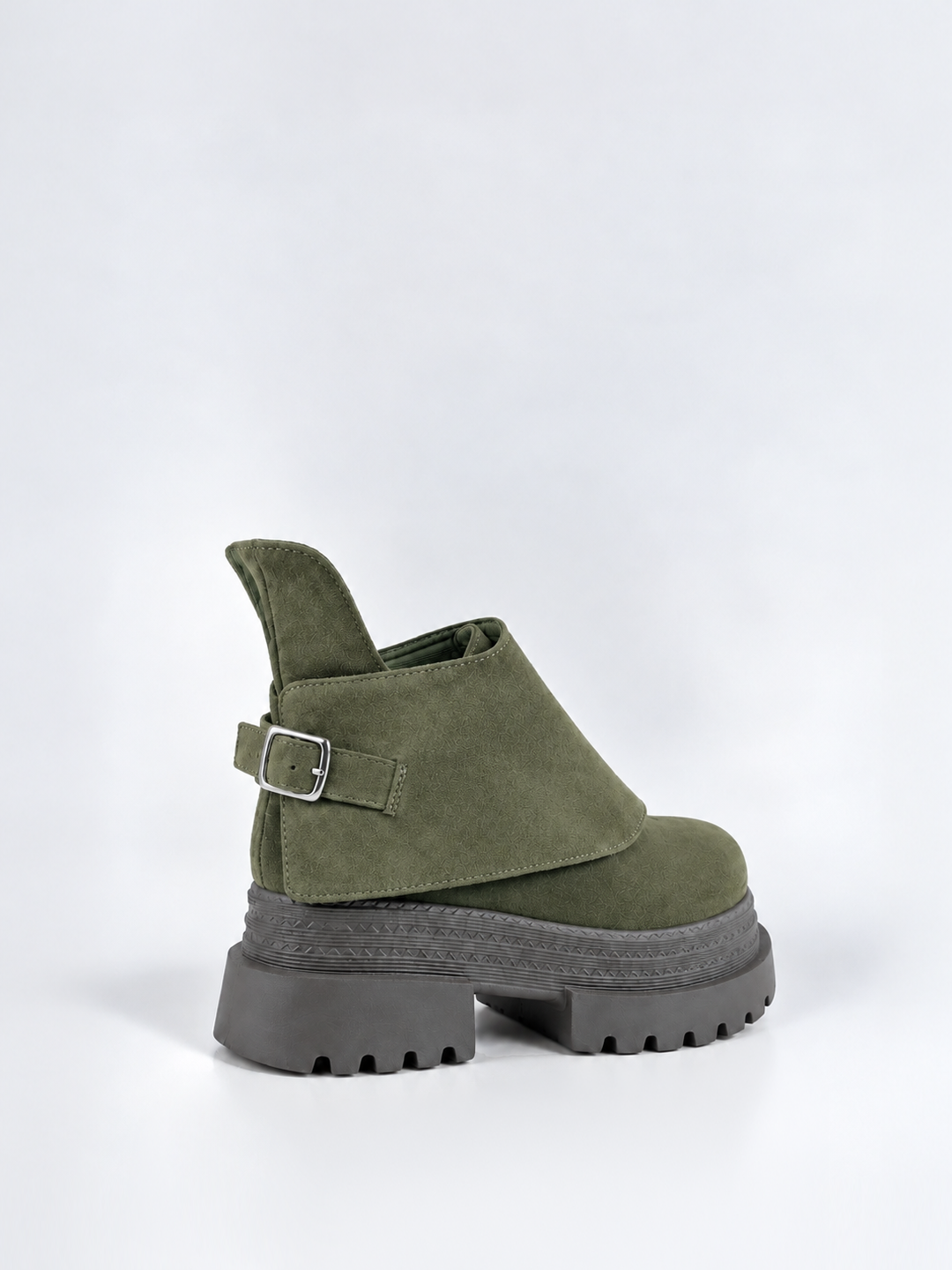Buckle Flap Lace-Up Platform Ankle Boot Faux Suede – Olive