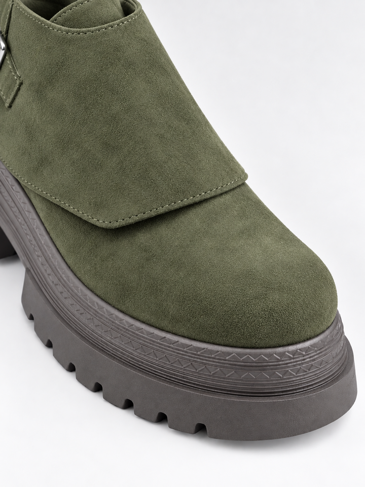 Buckle Flap Lace-Up Platform Ankle Boot Faux Suede – Olive