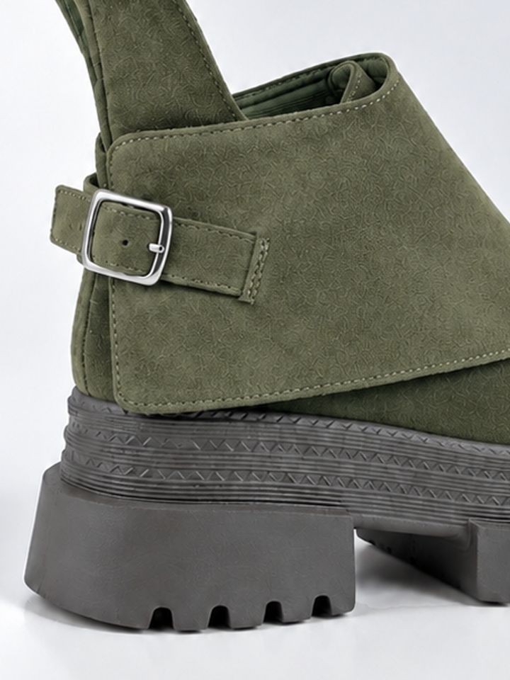 Buckle Flap Lace-Up Platform Ankle Boot Faux Suede – Olive