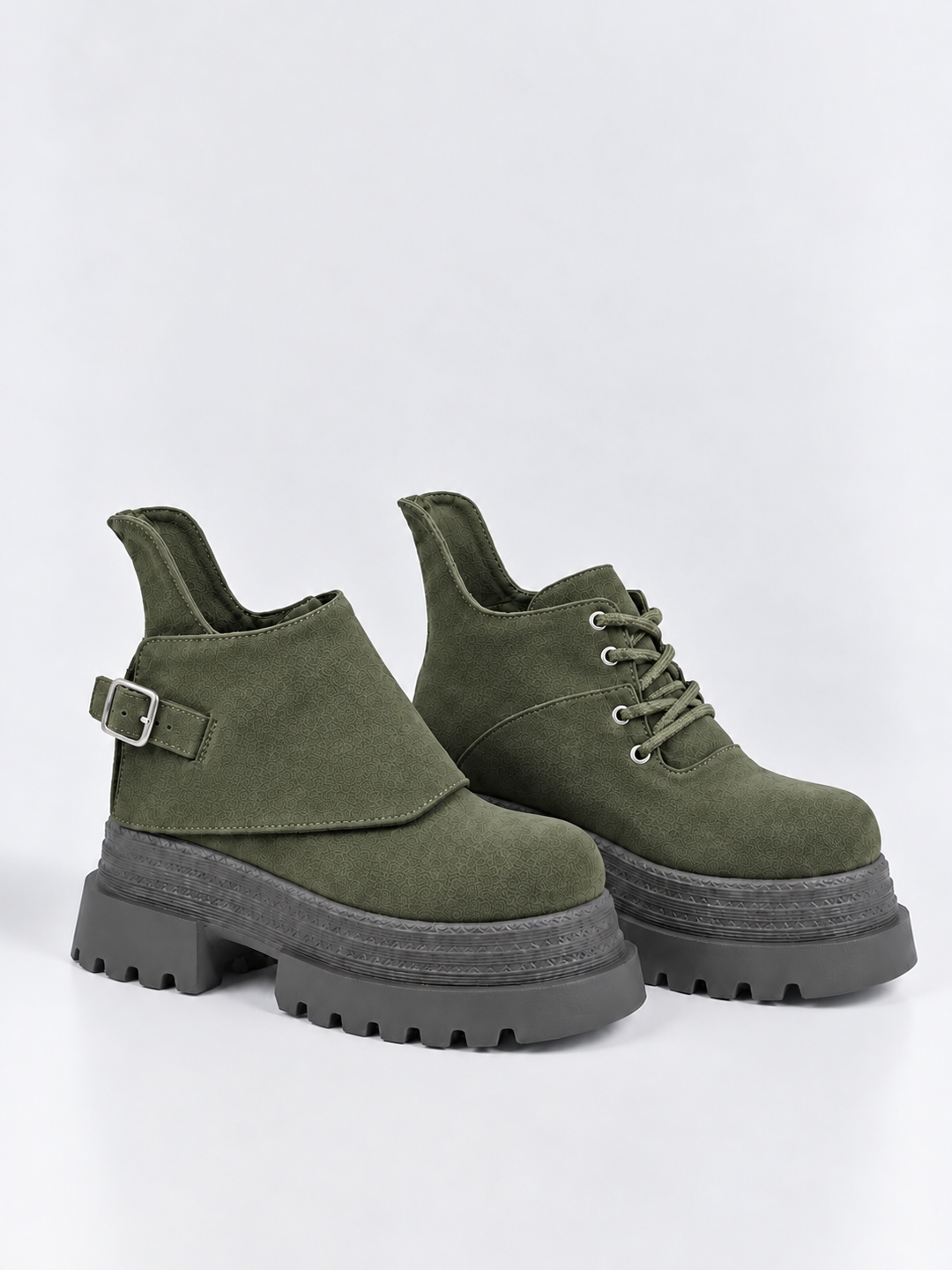 Buckle Flap Lace-Up Platform Ankle Boot Faux Suede – Olive