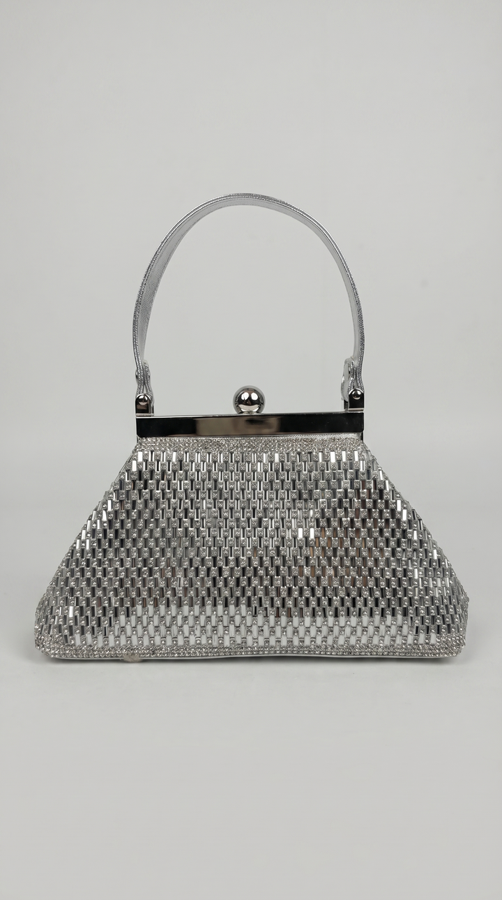 Silver Crystal Mesh Frame Top Handle Bag