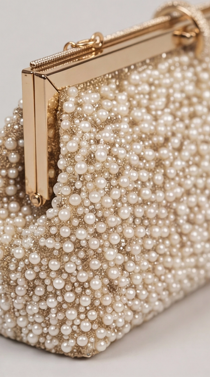 Gold Pearl &amp; Crystal Frame Clutch