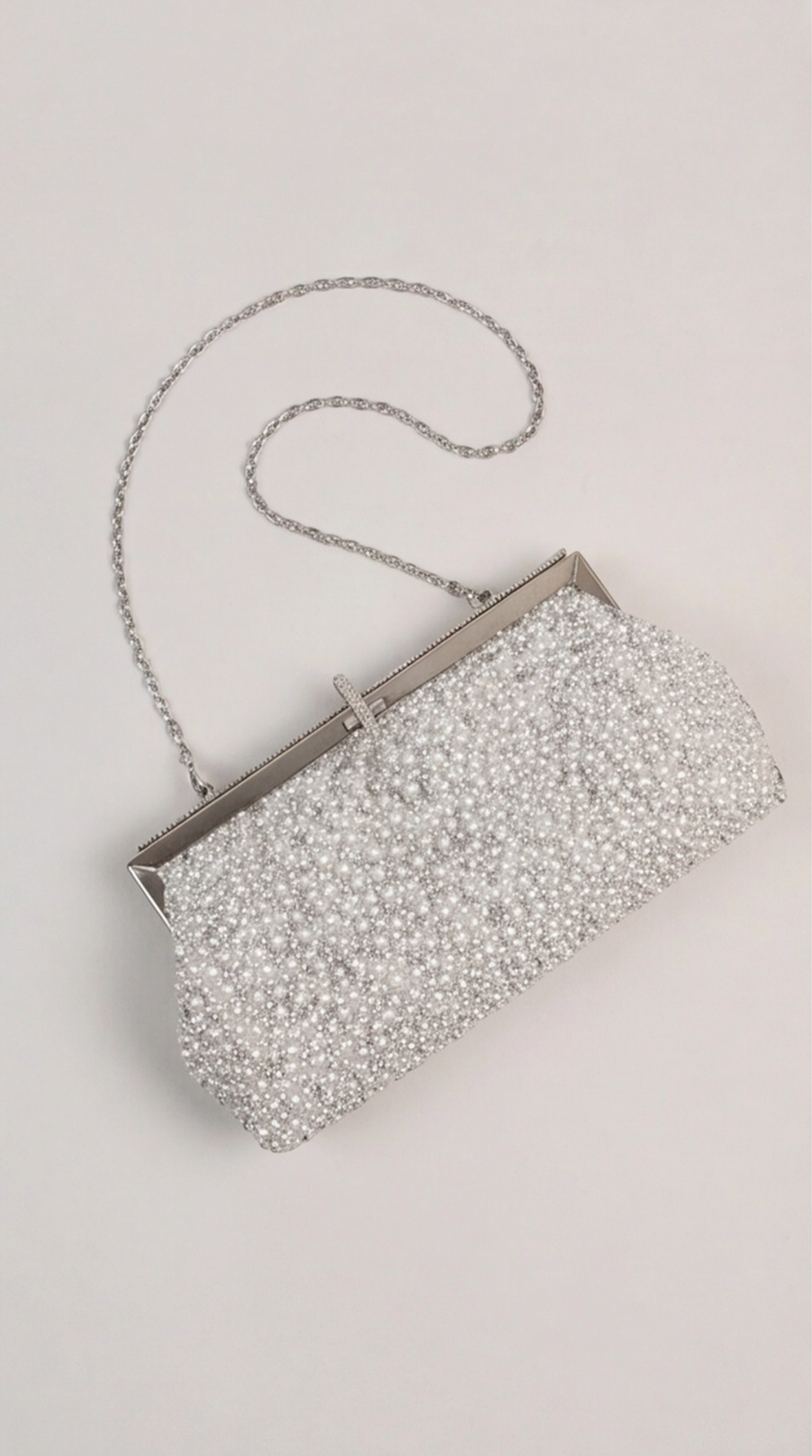 Silver Pearl &amp; Crystal Frame Clutch