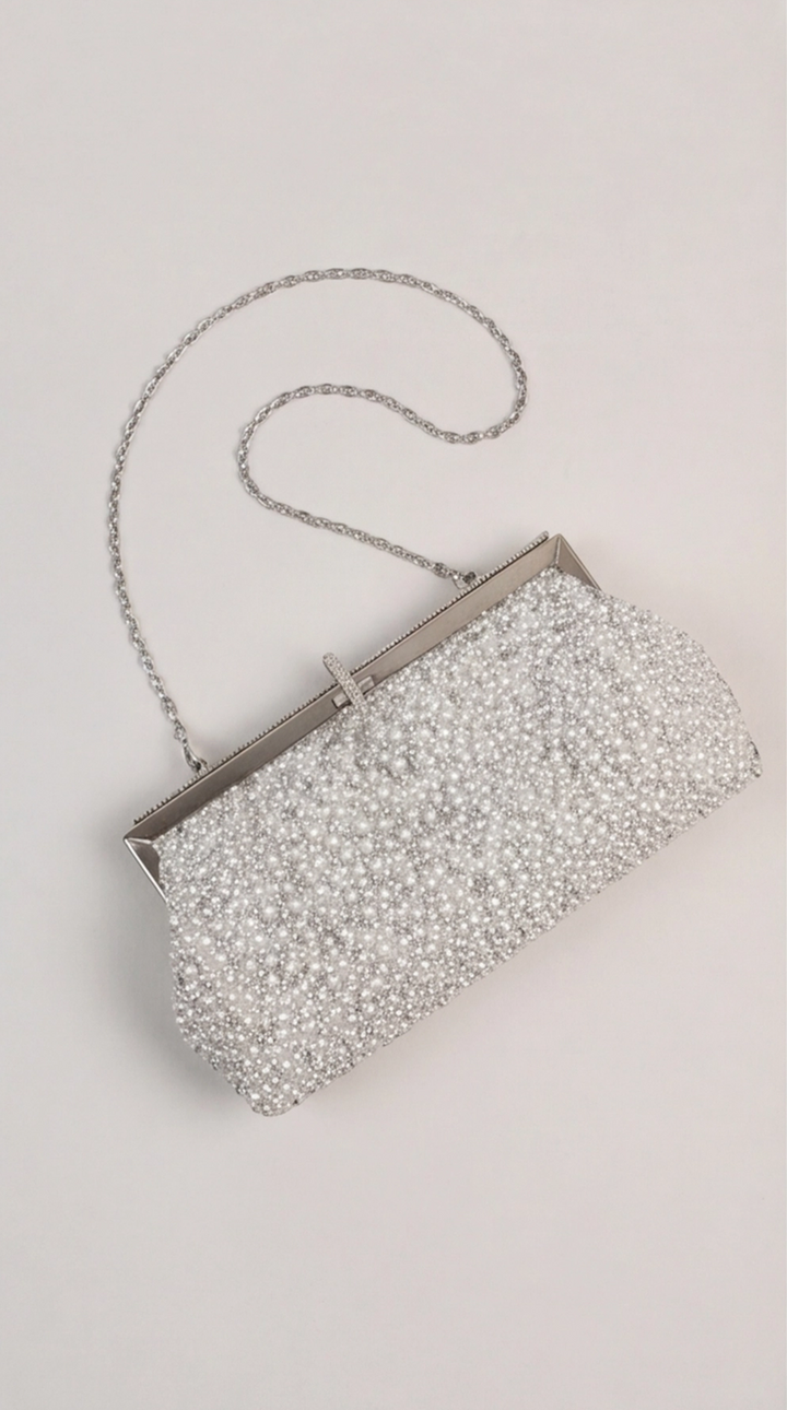 Silver Pearl &amp; Crystal Frame Clutch