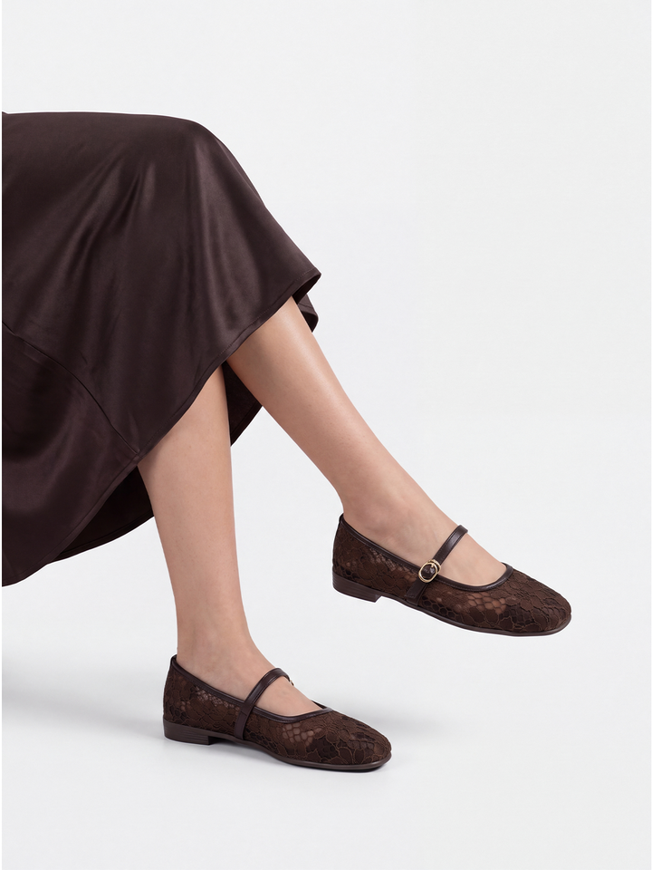 Brown Floral Lace Mary Jane Flat