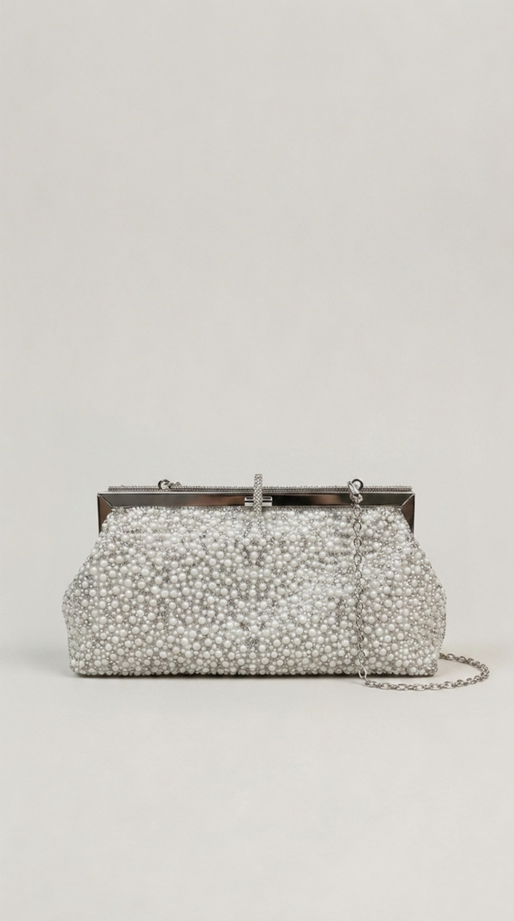 Silver Pearl &amp; Crystal Frame Clutch