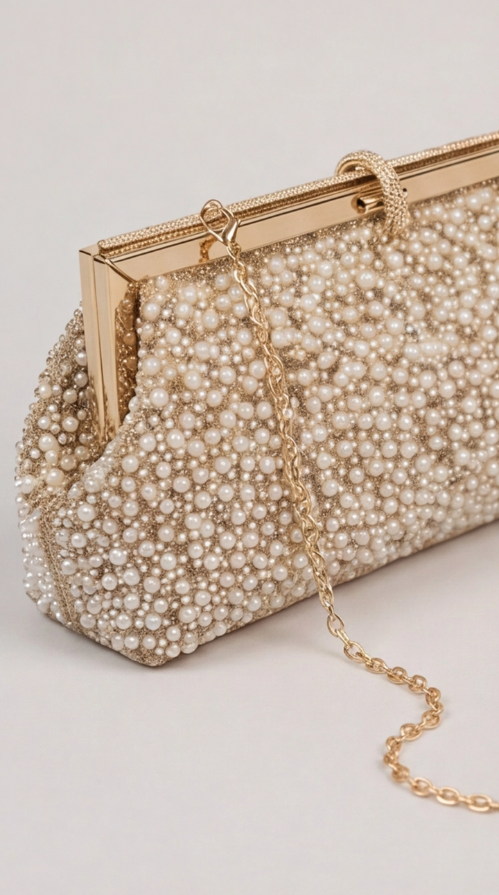 Gold Pearl &amp; Crystal Frame Clutch