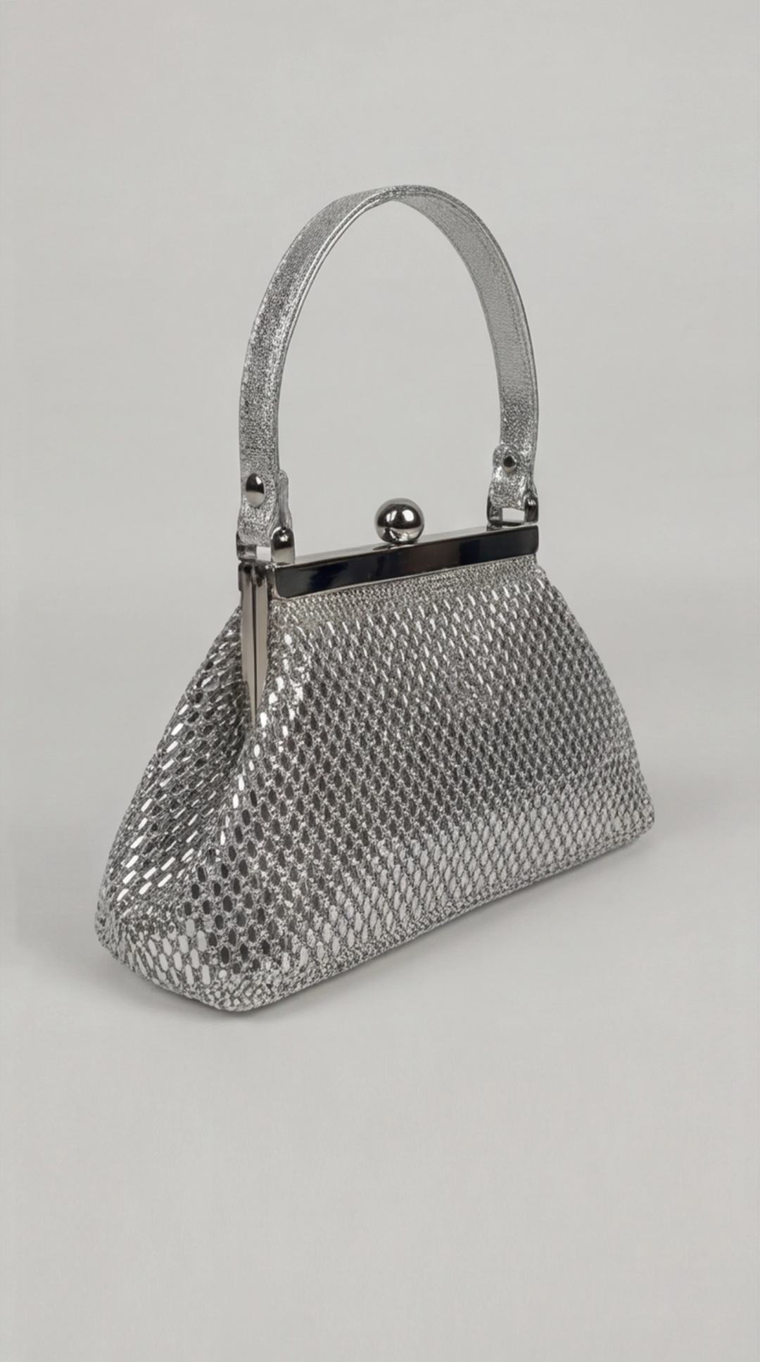 Silver Crystal Mesh Frame Top Handle Bag