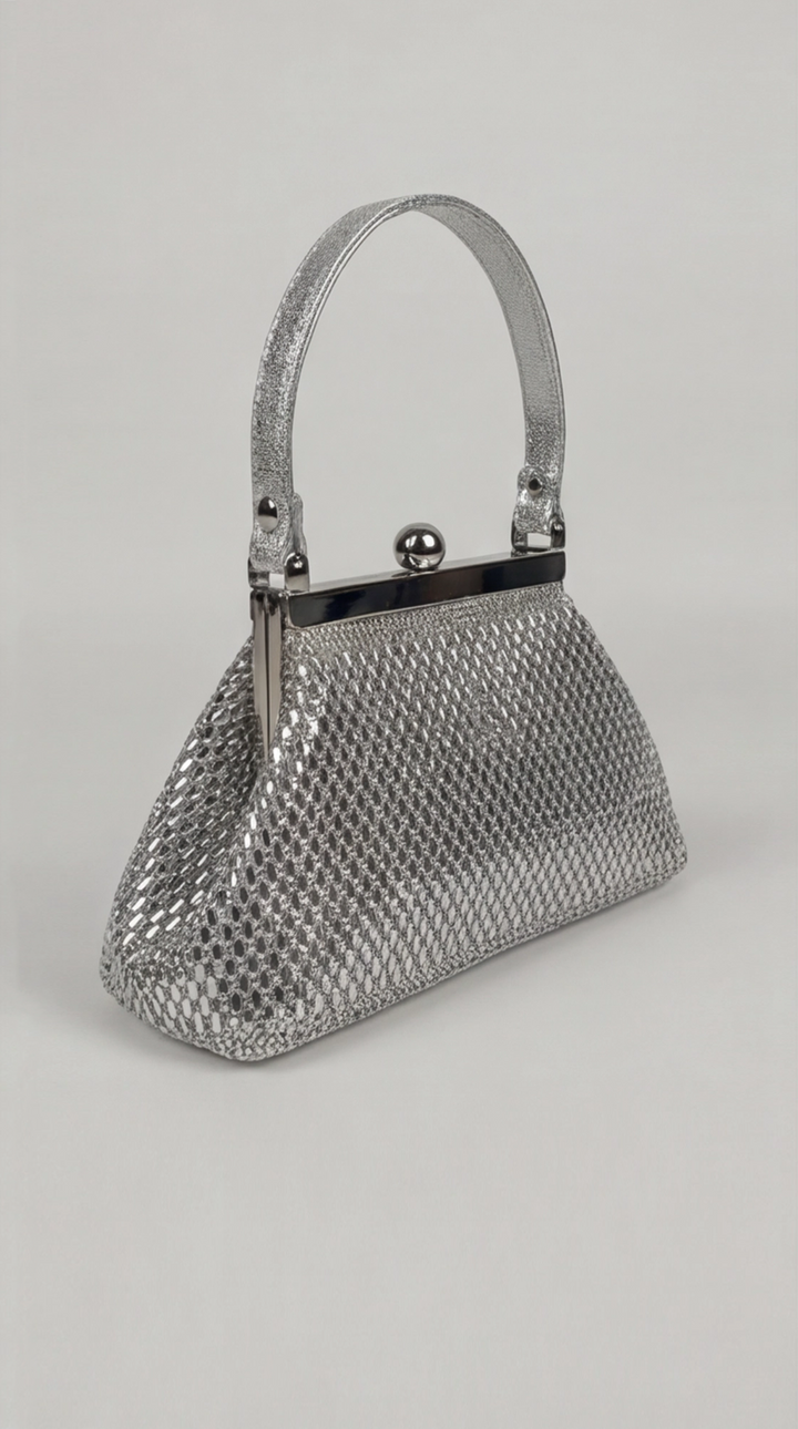 Silver Crystal Mesh Frame Top Handle Bag