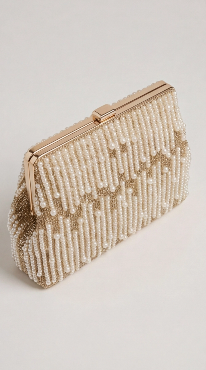 Gold Beaded Pearl Frame Clutch