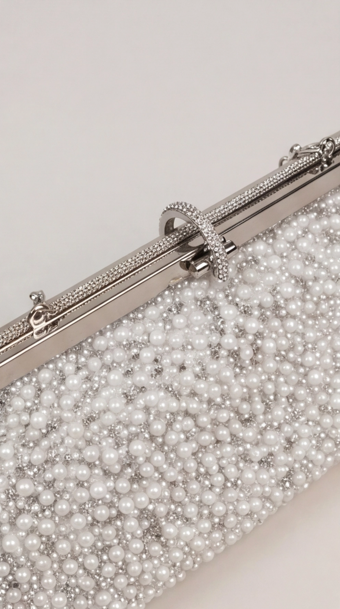 Silver Pearl &amp; Crystal Frame Clutch