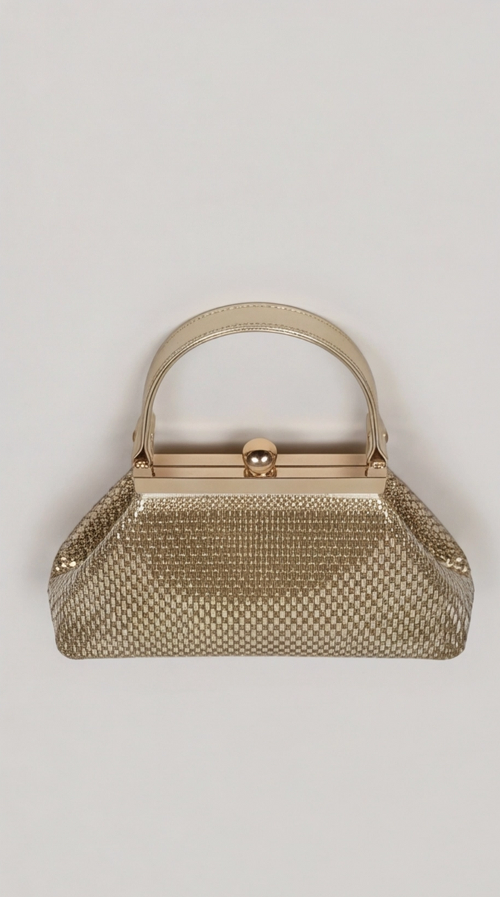 Gold Crystal Mesh Frame Top Handle Bag