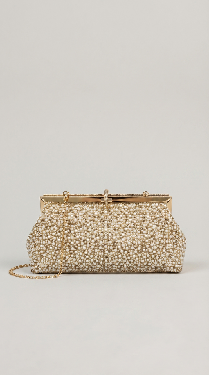 Gold Pearl &amp; Crystal Frame Clutch