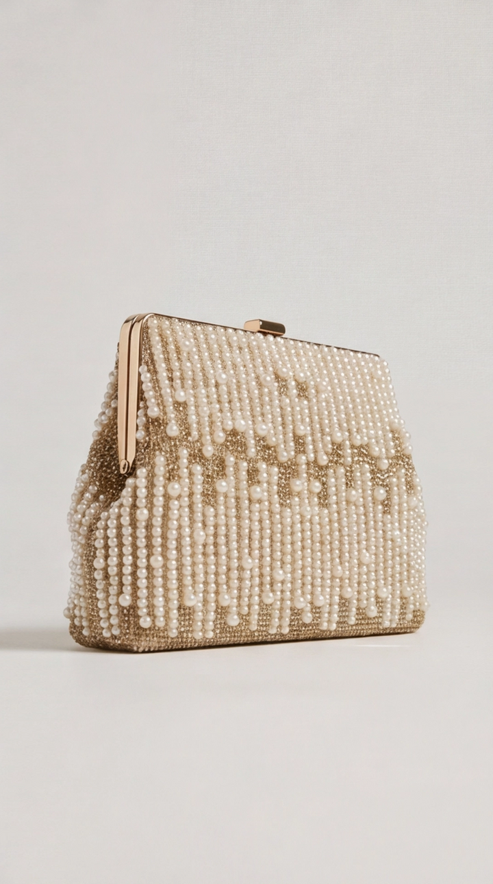 Gold Beaded Pearl Frame Clutch