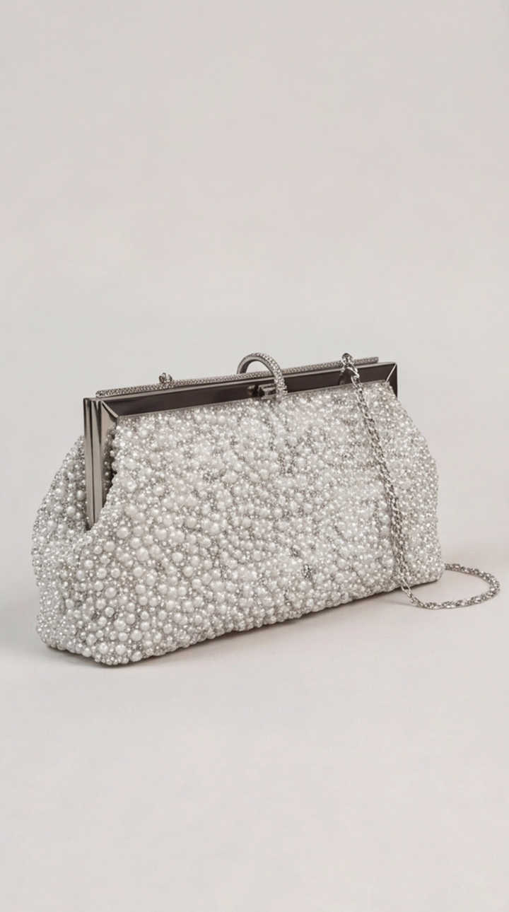 Silver Pearl &amp; Crystal Frame Clutch