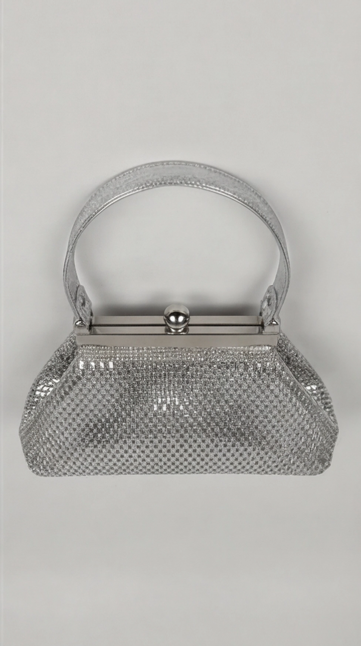 Silver Crystal Mesh Frame Top Handle Bag