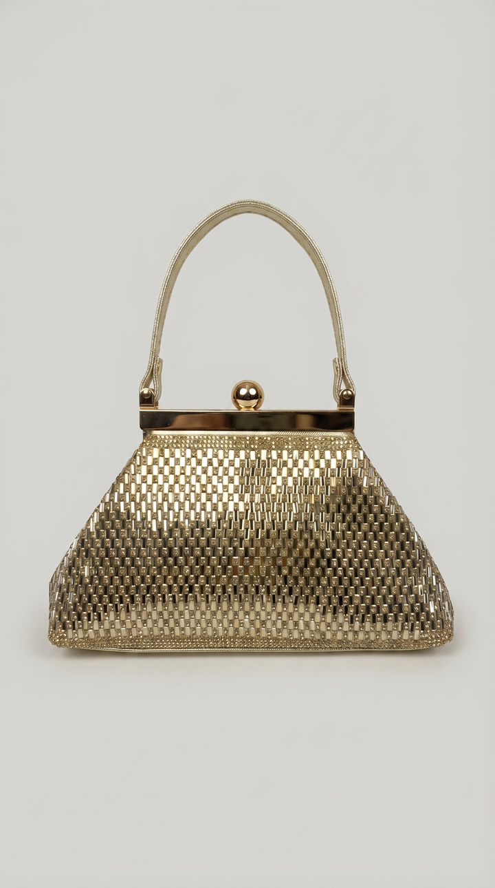 Gold Crystal Mesh Frame Top Handle Bag