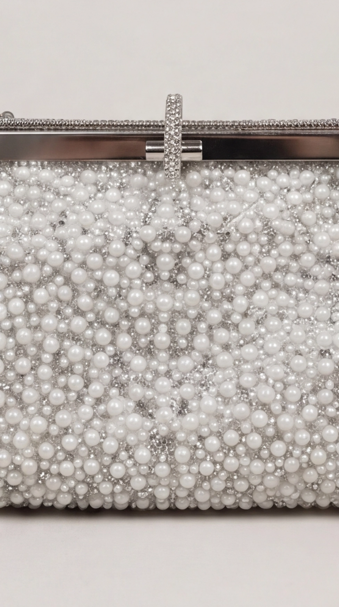 Silver Pearl &amp; Crystal Frame Clutch