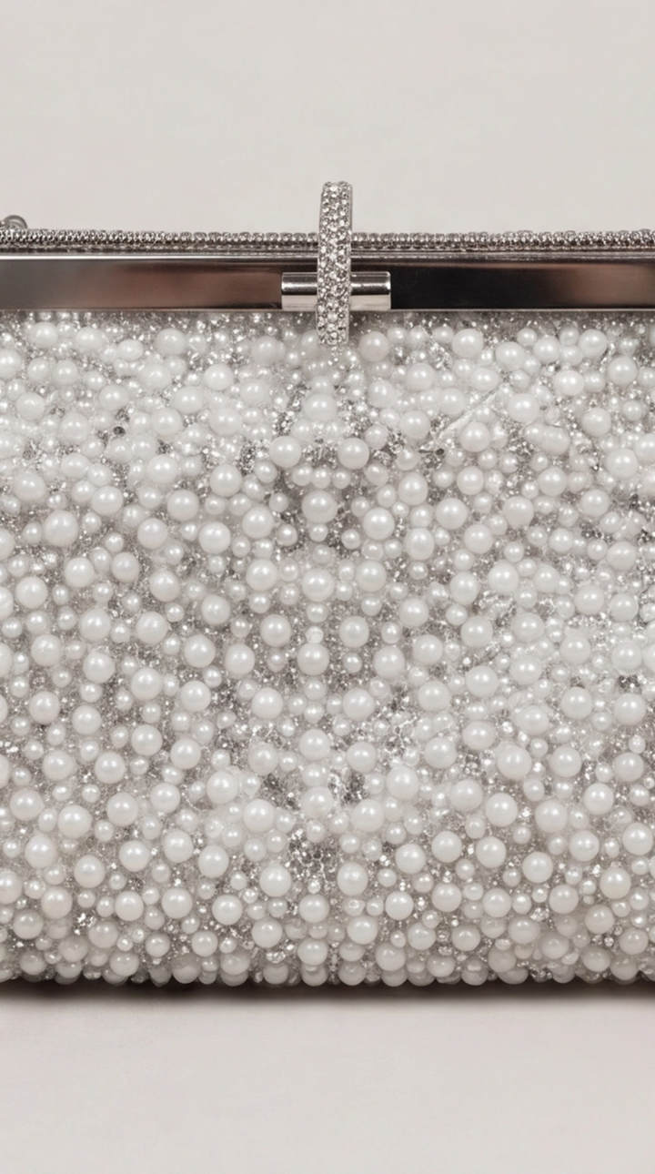 Silver Pearl &amp; Crystal Frame Clutch