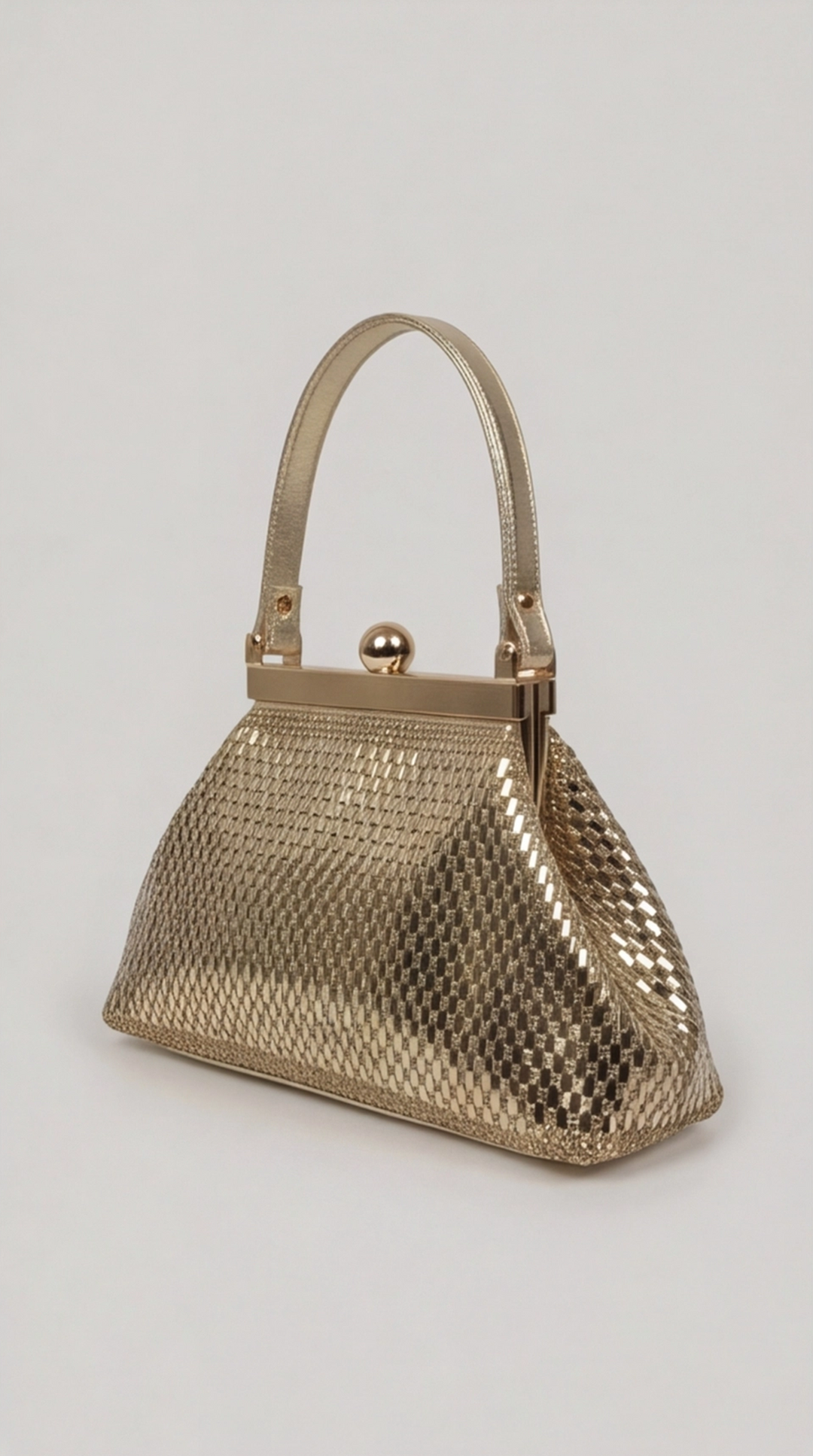 Gold Crystal Mesh Frame Top Handle Bag
