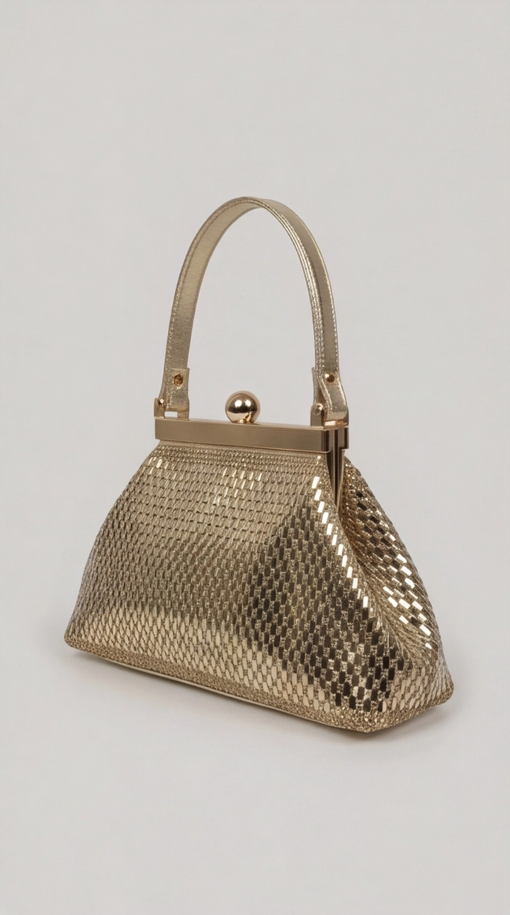 Gold Crystal Mesh Frame Top Handle Bag