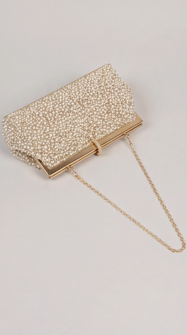 Gold Pearl &amp; Crystal Frame Clutch