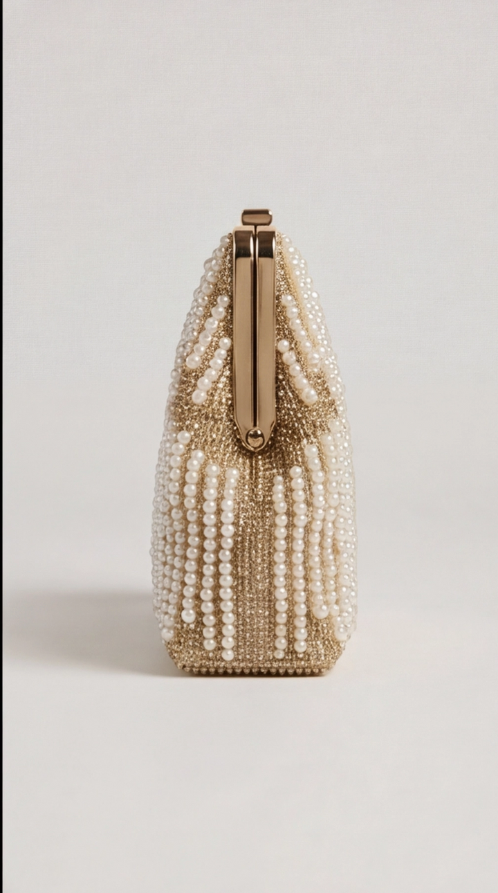 Gold Beaded Pearl Frame Clutch