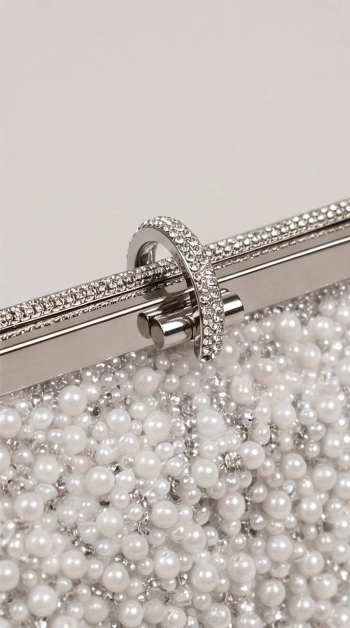 Silver Pearl &amp; Crystal Frame Clutch