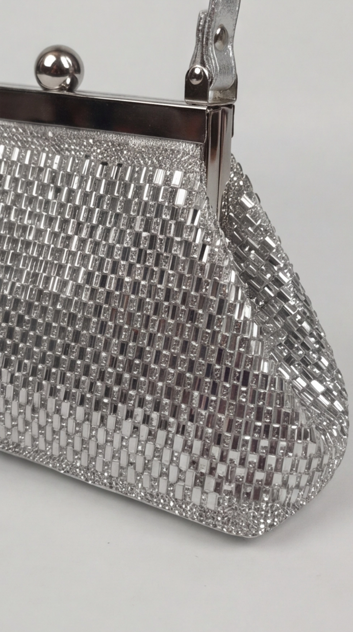 Silver Crystal Mesh Frame Top Handle Bag