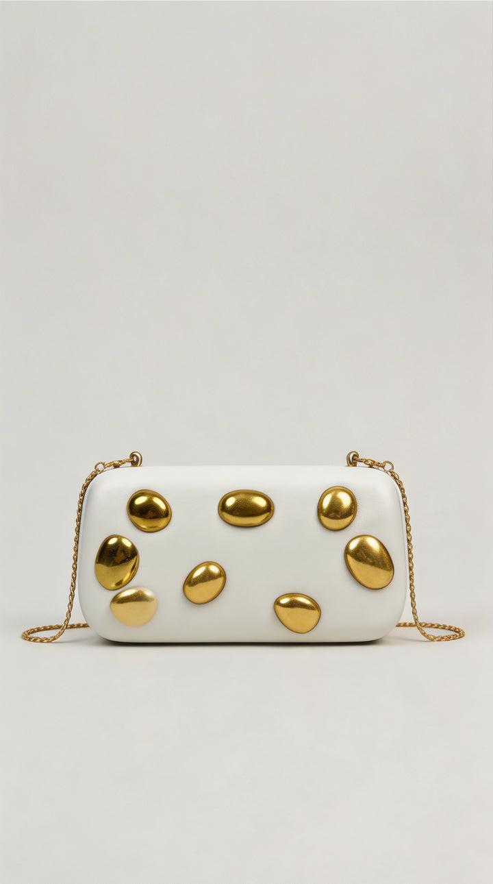 Gold Dome Stud Clutch – Pearl White