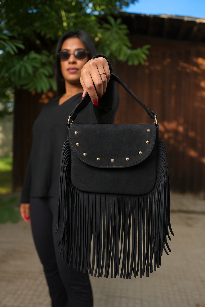 Crimson Fringe Suede Shoulder Bag - Black