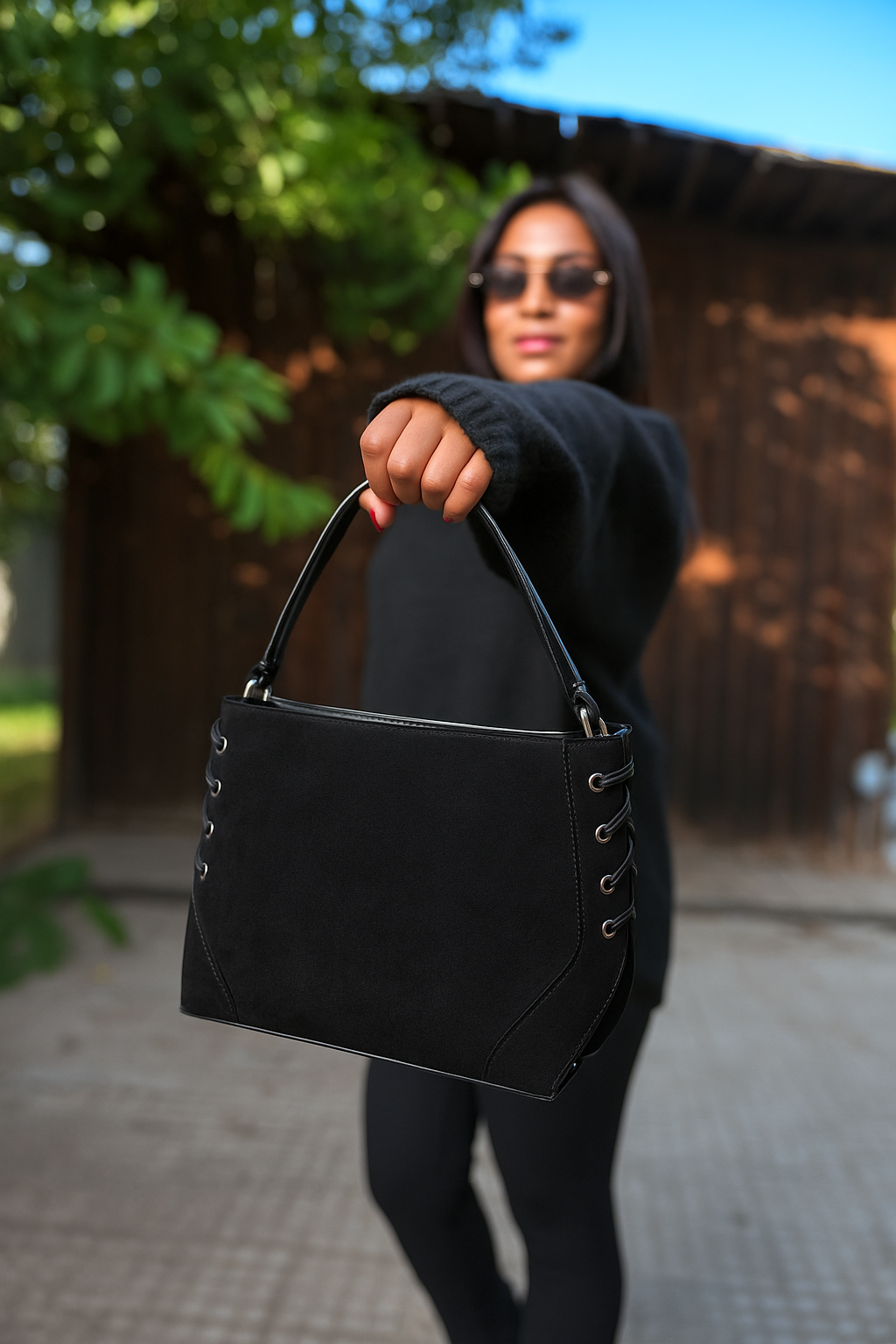 Lace-Up Handle Suede Handbag - Black