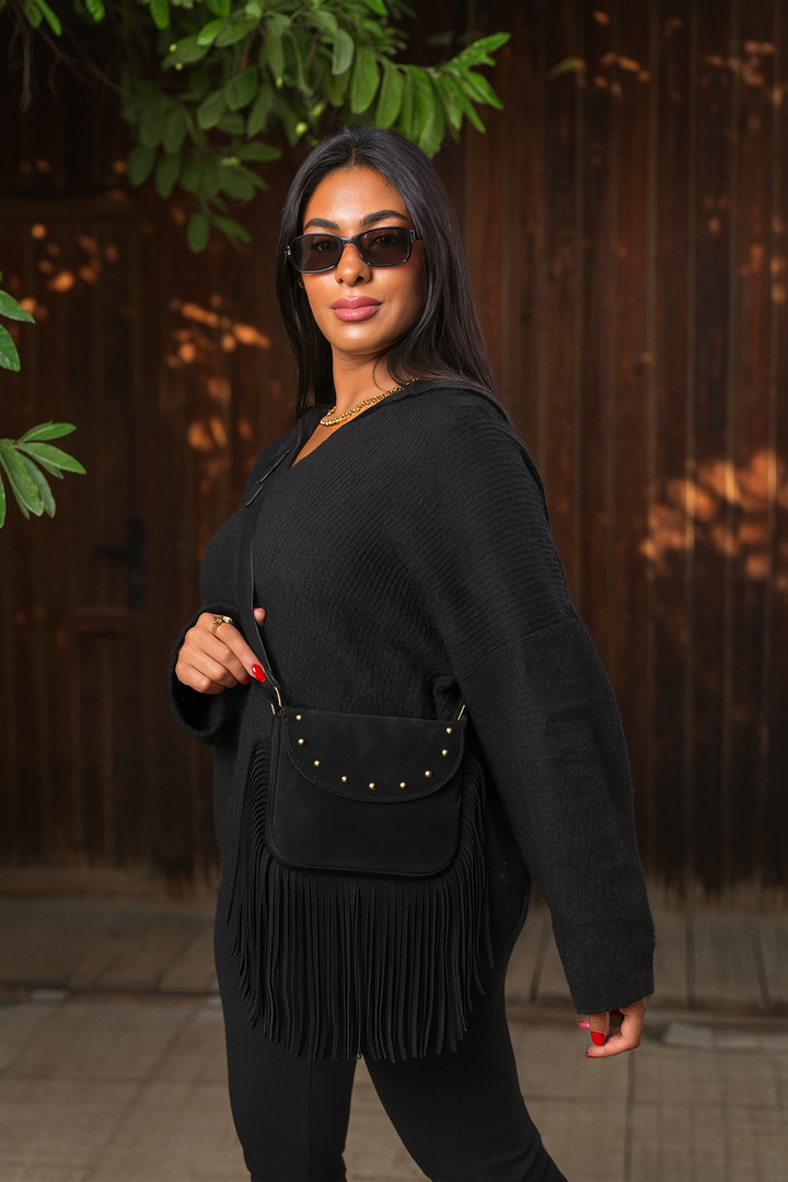 Crimson Fringe Suede Shoulder Bag - Black