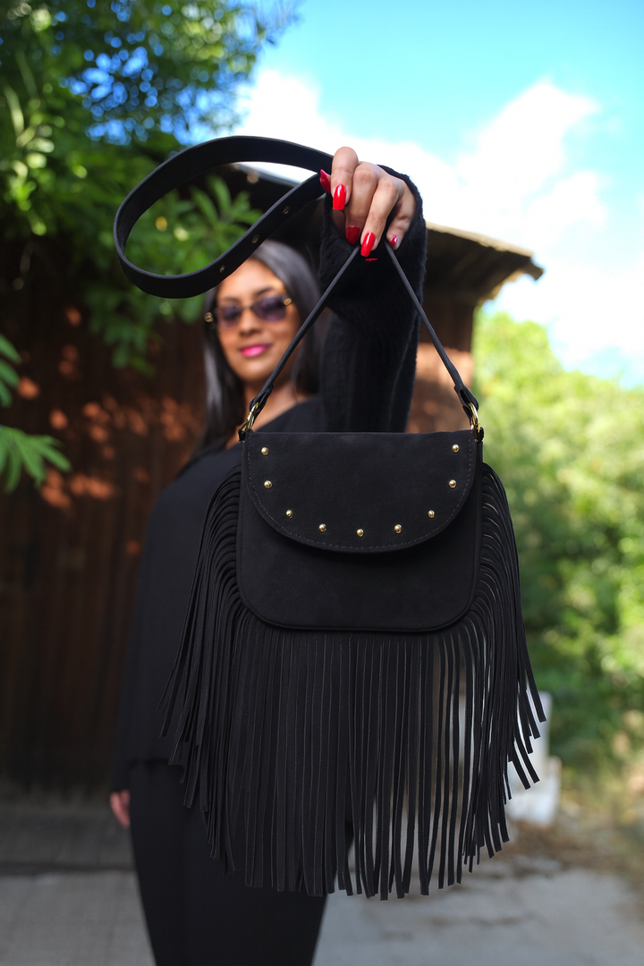 Crimson Fringe Suede Shoulder Bag - Black