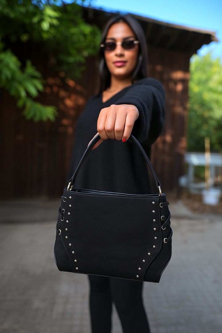 Lace-Up Handle Suede Handbag - Black