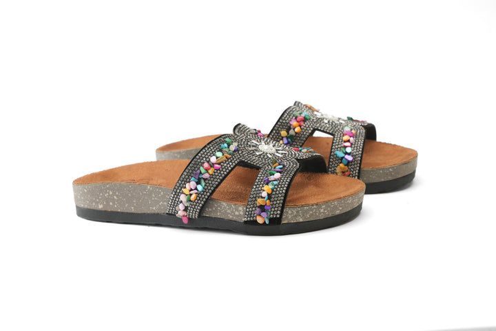 Midnight Bloom Sparkle Slides - black