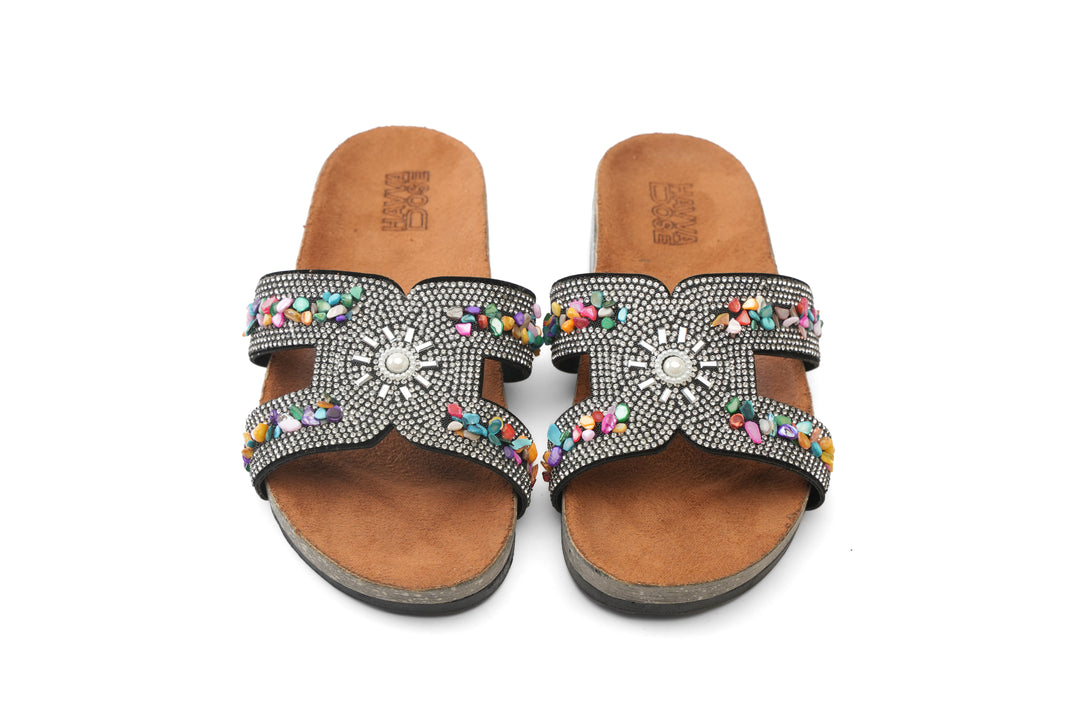 Midnight Bloom Sparkle Slides - black