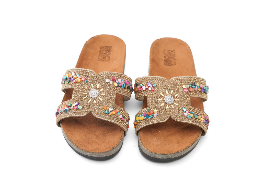 Golden Bloom Comfort Slides - Beige