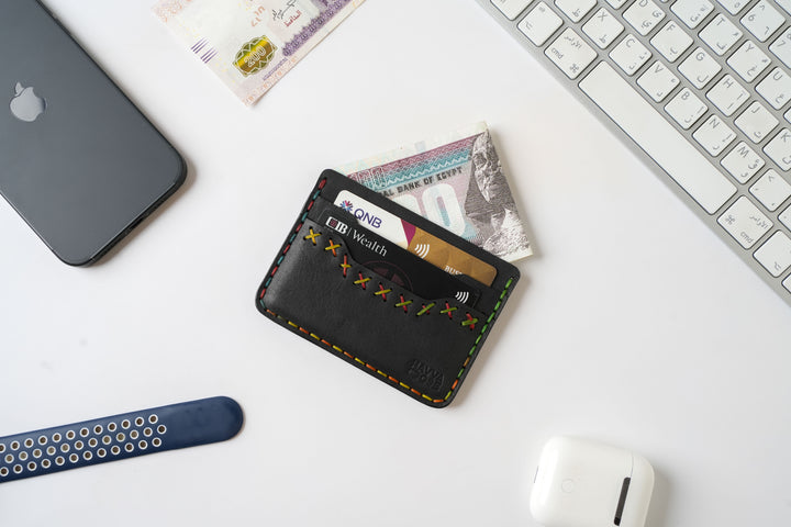 Midnight Stitch Card Holder – Handmade Genuine Leather - Black